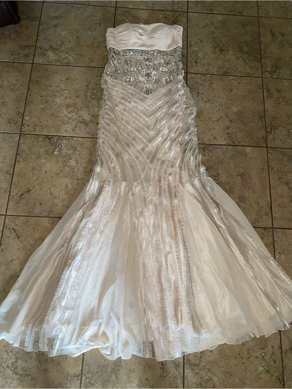 Vintage SUE WONG Nocturne Strapless Beaded Ruched Mermaid Gown Dress Cream 4 - Picture 8 of 17